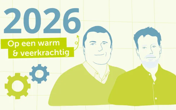 Illustratie bij de nieuwjaarswens 2026 met de tekst “Op een warm en veerkrachtig” en grafische portretten van de directie van Psyche.