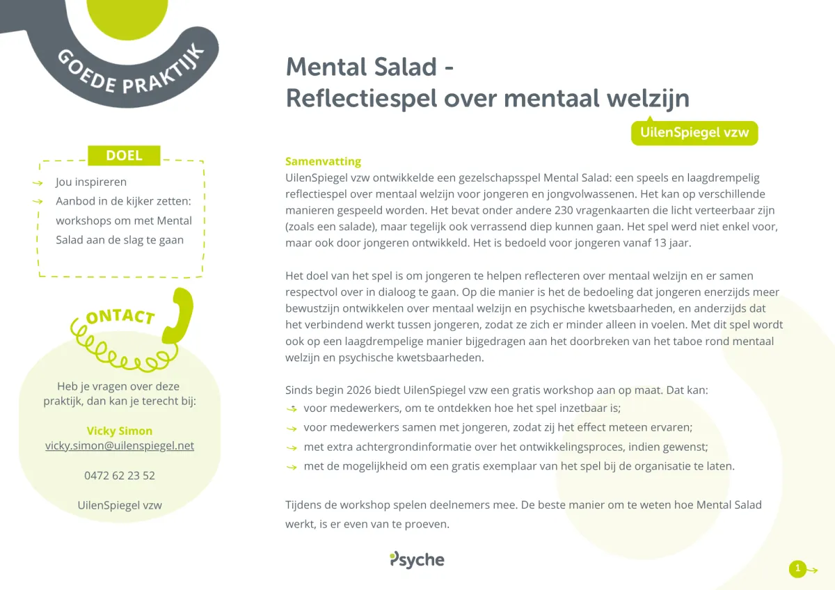 Goede praktijk Mental Salad: een reflectiespel over mentaal welzijn door UilenSpiegel vzw
